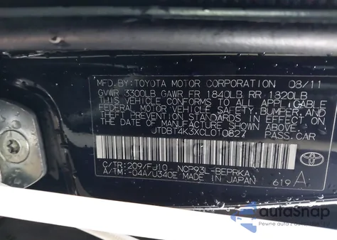 2012 Toyota Yaris from USA, damaged, VIN JTDBT4K3XCL010827